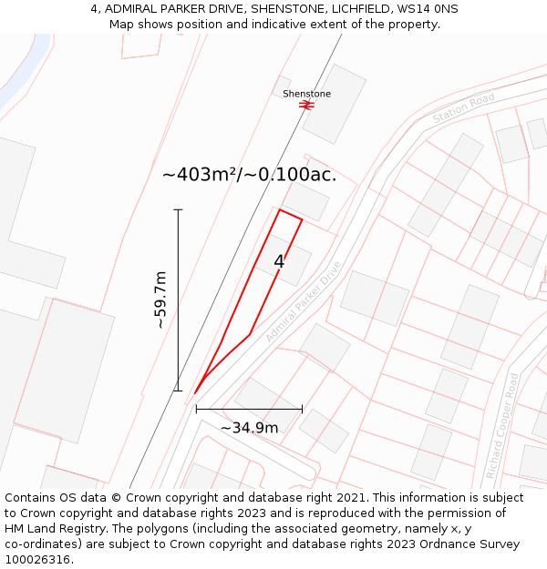 4, ADMIRAL PARKER DRIVE, SHENSTONE, LICHFIELD, WS14 0NS: Plot and title map