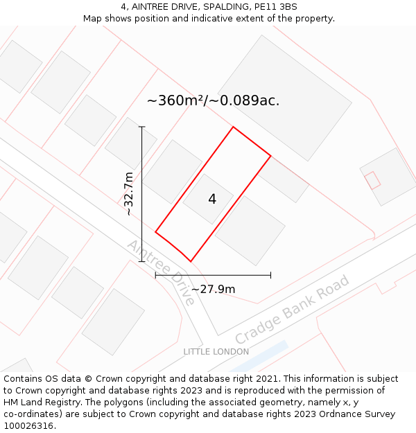 4, AINTREE DRIVE, SPALDING, PE11 3BS: Plot and title map