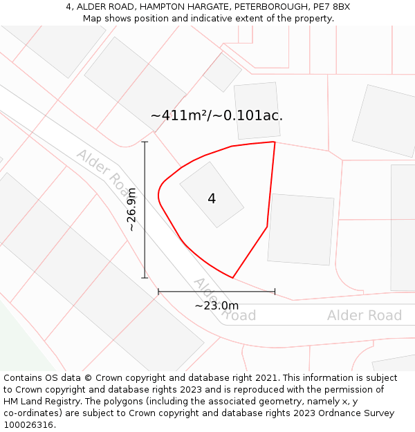 4, ALDER ROAD, HAMPTON HARGATE, PETERBOROUGH, PE7 8BX: Plot and title map