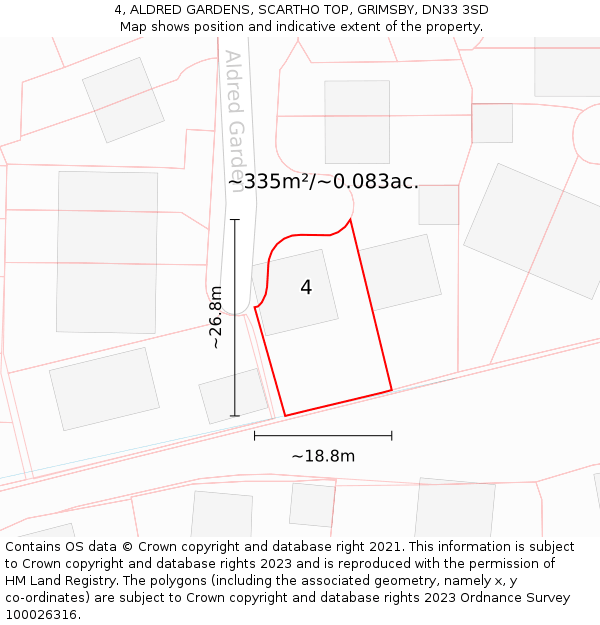 4, ALDRED GARDENS, SCARTHO TOP, GRIMSBY, DN33 3SD: Plot and title map