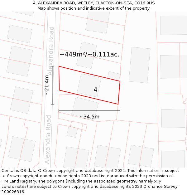 4, ALEXANDRA ROAD, WEELEY, CLACTON-ON-SEA, CO16 9HS: Plot and title map