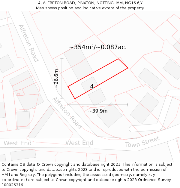4, ALFRETON ROAD, PINXTON, NOTTINGHAM, NG16 6JY: Plot and title map