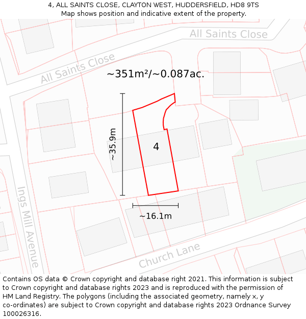 4, ALL SAINTS CLOSE, CLAYTON WEST, HUDDERSFIELD, HD8 9TS: Plot and title map