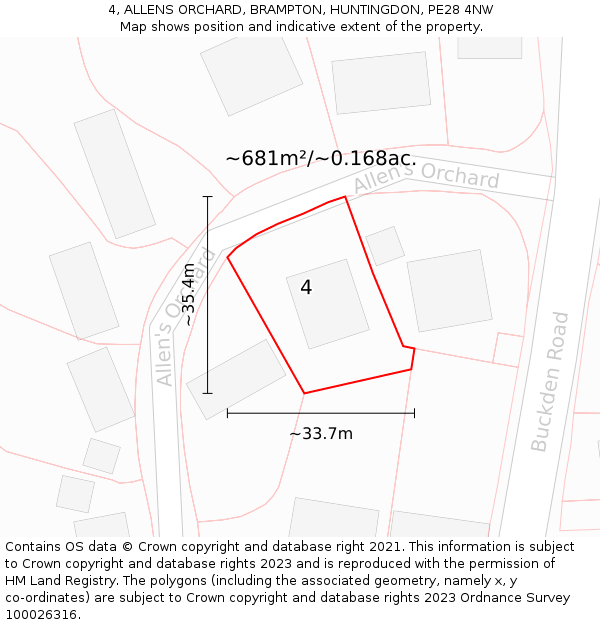 4, ALLENS ORCHARD, BRAMPTON, HUNTINGDON, PE28 4NW: Plot and title map