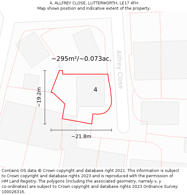 4, ALLFREY CLOSE, LUTTERWORTH, LE17 4FH: Plot and title map