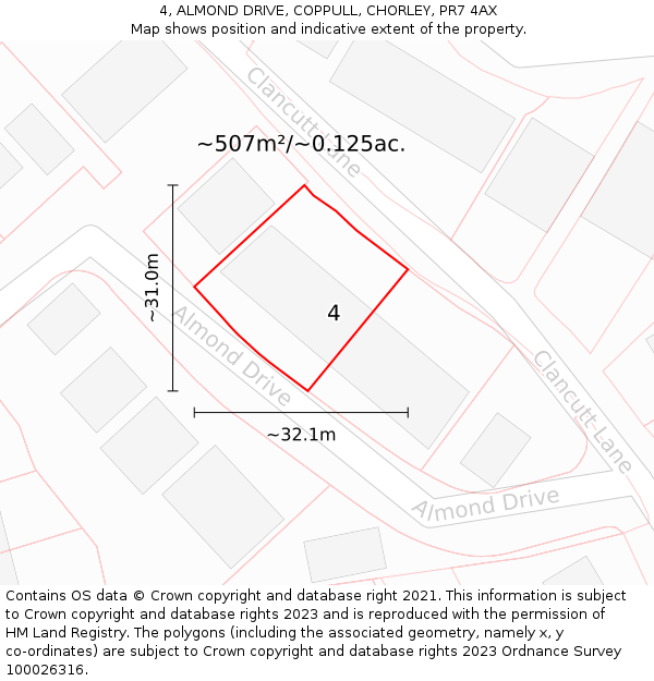 4, ALMOND DRIVE, COPPULL, CHORLEY, PR7 4AX: Plot and title map