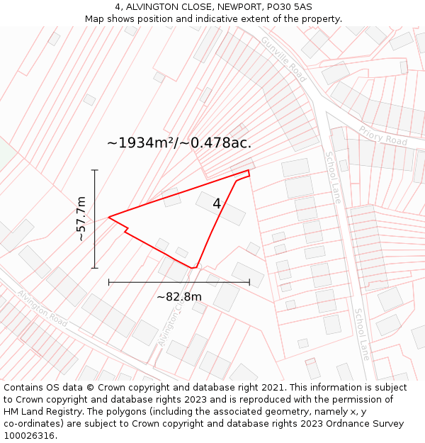 4, ALVINGTON CLOSE, NEWPORT, PO30 5AS: Plot and title map