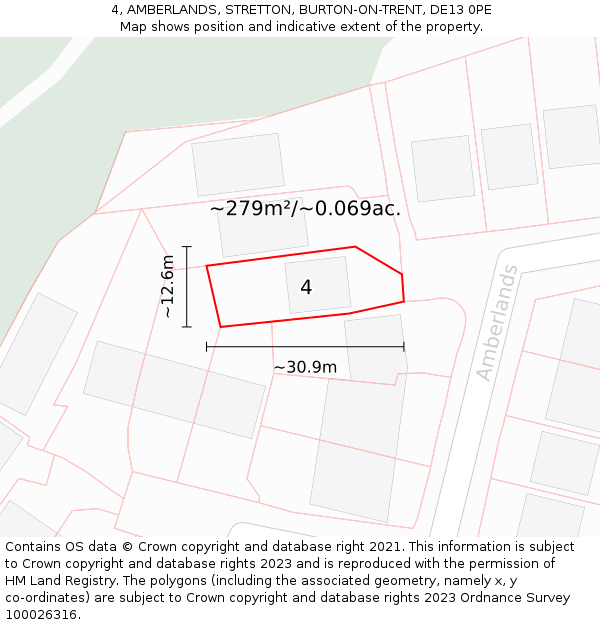 4, AMBERLANDS, STRETTON, BURTON-ON-TRENT, DE13 0PE: Plot and title map
