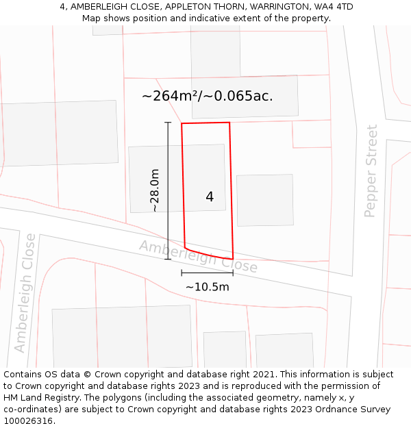 4, AMBERLEIGH CLOSE, APPLETON THORN, WARRINGTON, WA4 4TD: Plot and title map
