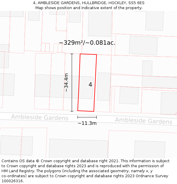 4, AMBLESIDE GARDENS, HULLBRIDGE, HOCKLEY, SS5 6ES: Plot and title map