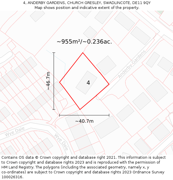 4, ANDERBY GARDENS, CHURCH GRESLEY, SWADLINCOTE, DE11 9QY: Plot and title map