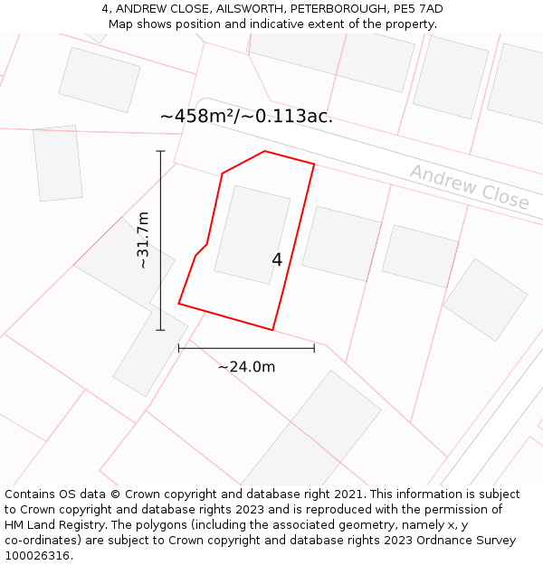 4, ANDREW CLOSE, AILSWORTH, PETERBOROUGH, PE5 7AD: Plot and title map