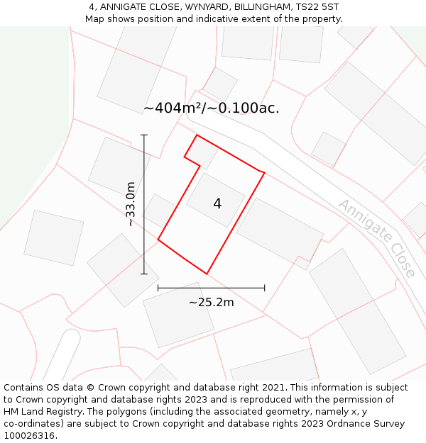 4, ANNIGATE CLOSE, WYNYARD, BILLINGHAM, TS22 5ST: Plot and title map