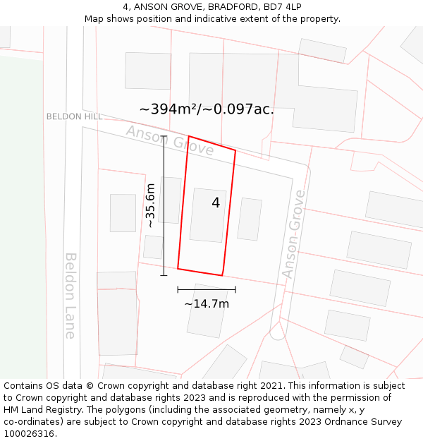 4, ANSON GROVE, BRADFORD, BD7 4LP: Plot and title map