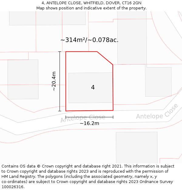 4, ANTELOPE CLOSE, WHITFIELD, DOVER, CT16 2GN: Plot and title map