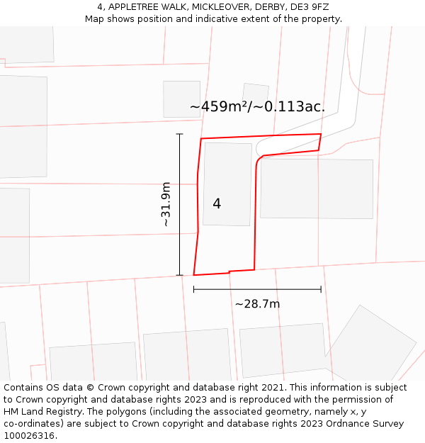 4, APPLETREE WALK, MICKLEOVER, DERBY, DE3 9FZ: Plot and title map
