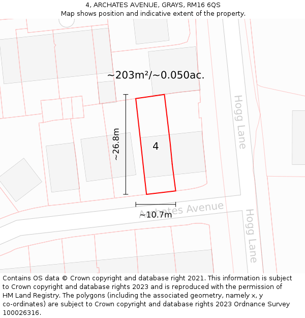 4, ARCHATES AVENUE, GRAYS, RM16 6QS: Plot and title map