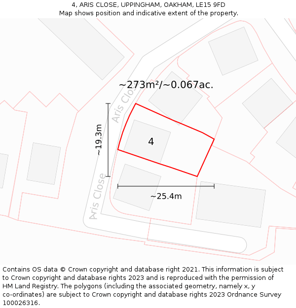 4, ARIS CLOSE, UPPINGHAM, OAKHAM, LE15 9FD: Plot and title map