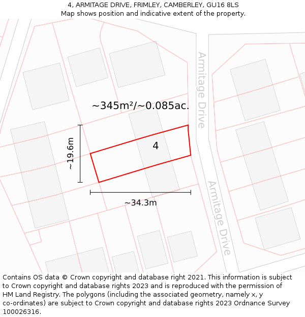 4, ARMITAGE DRIVE, FRIMLEY, CAMBERLEY, GU16 8LS: Plot and title map