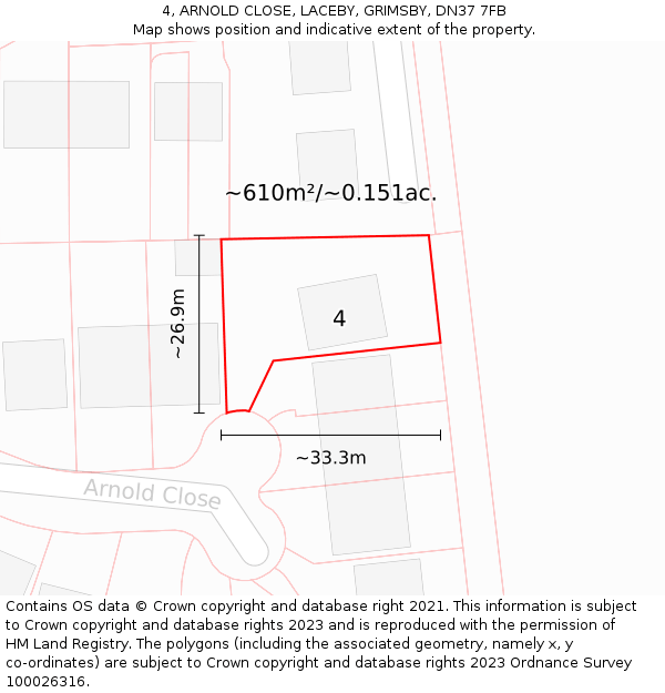 4, ARNOLD CLOSE, LACEBY, GRIMSBY, DN37 7FB: Plot and title map