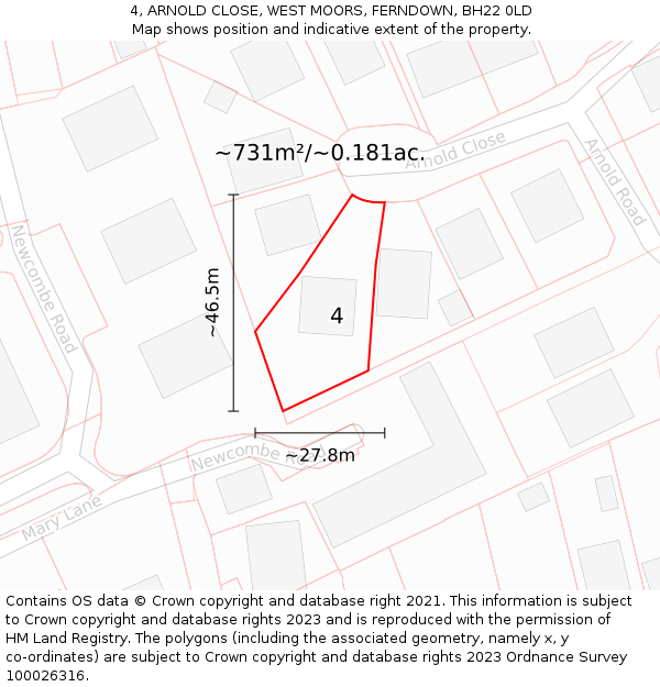4, ARNOLD CLOSE, WEST MOORS, FERNDOWN, BH22 0LD: Plot and title map