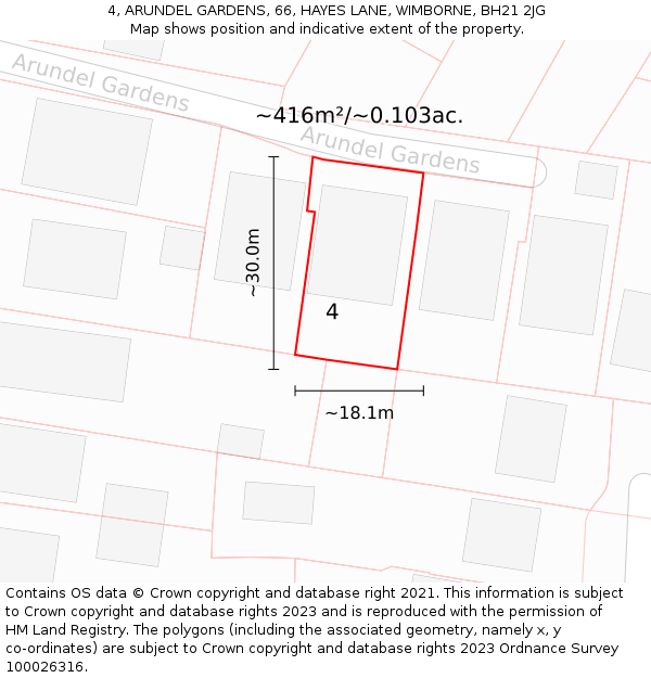 4, ARUNDEL GARDENS, 66, HAYES LANE, WIMBORNE, BH21 2JG: Plot and title map