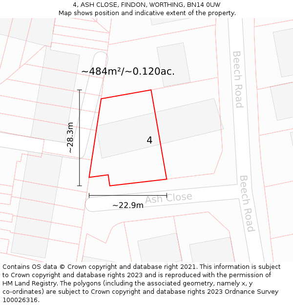 4, ASH CLOSE, FINDON, WORTHING, BN14 0UW: Plot and title map
