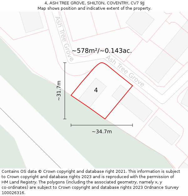4, ASH TREE GROVE, SHILTON, COVENTRY, CV7 9JJ: Plot and title map