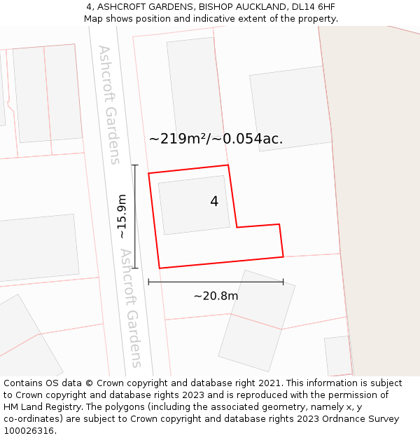 4, ASHCROFT GARDENS, BISHOP AUCKLAND, DL14 6HF: Plot and title map