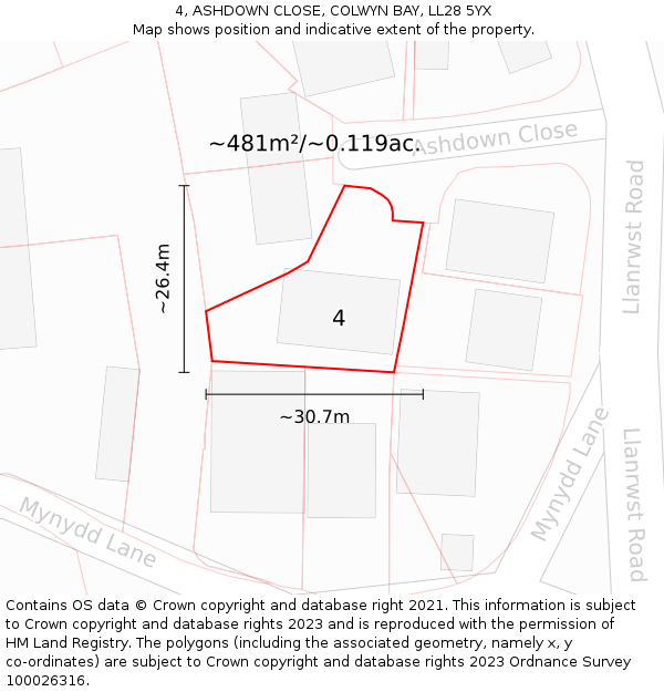 4, ASHDOWN CLOSE, COLWYN BAY, LL28 5YX: Plot and title map