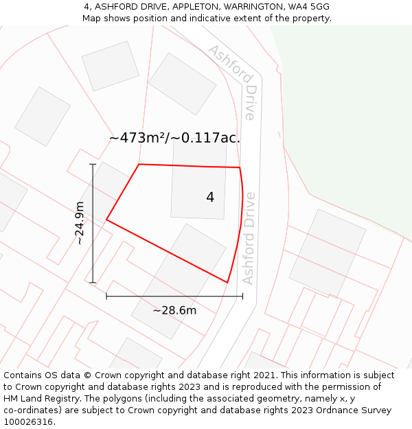 4, ASHFORD DRIVE, APPLETON, WARRINGTON, WA4 5GG: Plot and title map