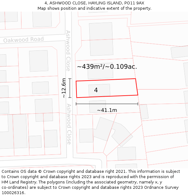 4, ASHWOOD CLOSE, HAYLING ISLAND, PO11 9AX: Plot and title map
