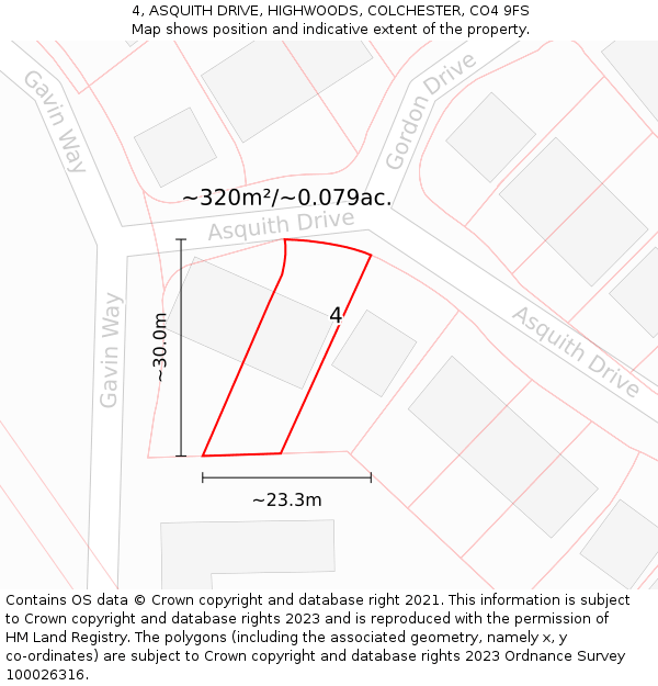 4, ASQUITH DRIVE, HIGHWOODS, COLCHESTER, CO4 9FS: Plot and title map