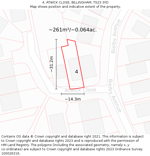 4, ATWICK CLOSE, BILLINGHAM, TS23 3YD: Plot and title map