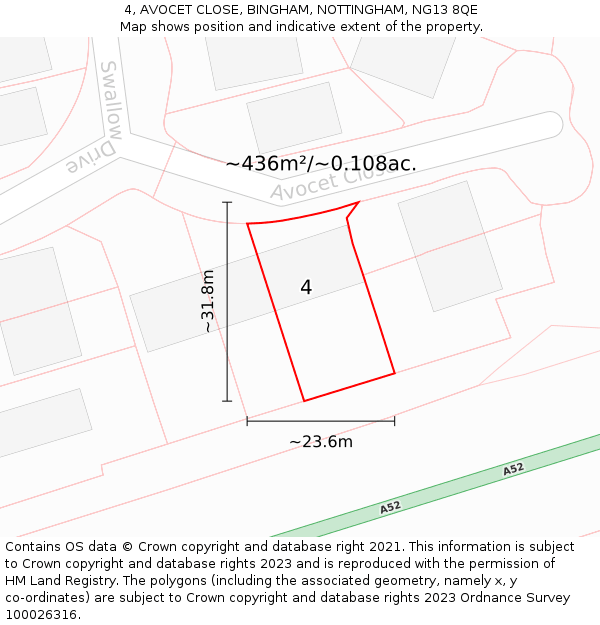 4, AVOCET CLOSE, BINGHAM, NOTTINGHAM, NG13 8QE: Plot and title map