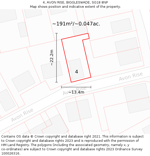 4, AVON RISE, BIGGLESWADE, SG18 8NP: Plot and title map