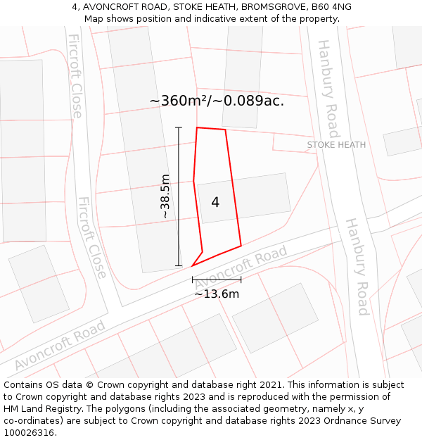 4, AVONCROFT ROAD, STOKE HEATH, BROMSGROVE, B60 4NG: Plot and title map