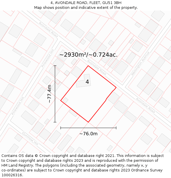 4, AVONDALE ROAD, FLEET, GU51 3BH: Plot and title map