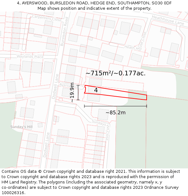 4, AYERSWOOD, BURSLEDON ROAD, HEDGE END, SOUTHAMPTON, SO30 0DF: Plot and title map