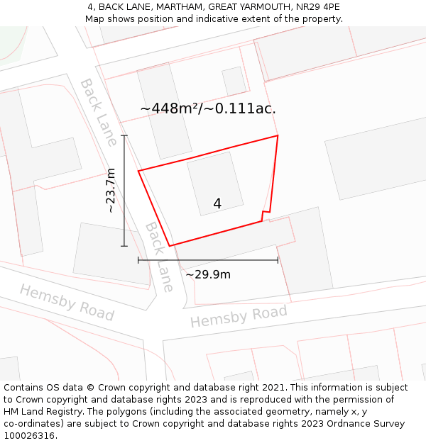 4, BACK LANE, MARTHAM, GREAT YARMOUTH, NR29 4PE: Plot and title map