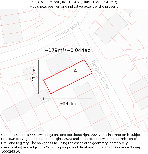 4, BADGER CLOSE, PORTSLADE, BRIGHTON, BN41 2EQ: Plot and title map