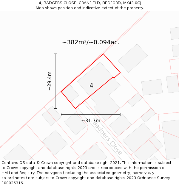 4, BADGERS CLOSE, CRANFIELD, BEDFORD, MK43 0GJ: Plot and title map
