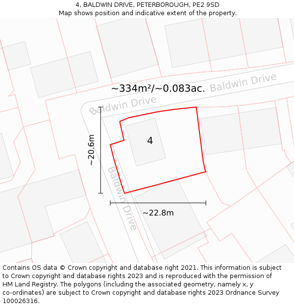 4, BALDWIN DRIVE, PETERBOROUGH, PE2 9SD: Plot and title map