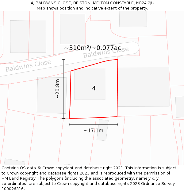 4, BALDWINS CLOSE, BRISTON, MELTON CONSTABLE, NR24 2JU: Plot and title map