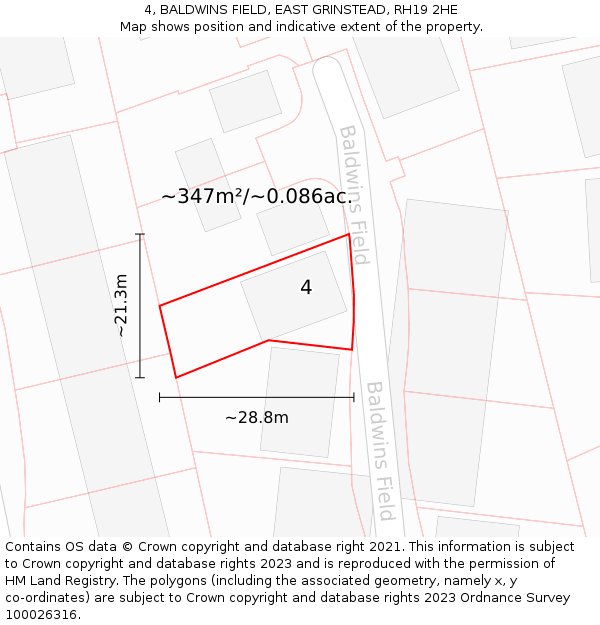 4, BALDWINS FIELD, EAST GRINSTEAD, RH19 2HE: Plot and title map