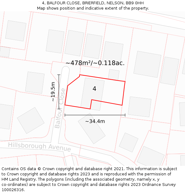 4, BALFOUR CLOSE, BRIERFIELD, NELSON, BB9 0HH: Plot and title map