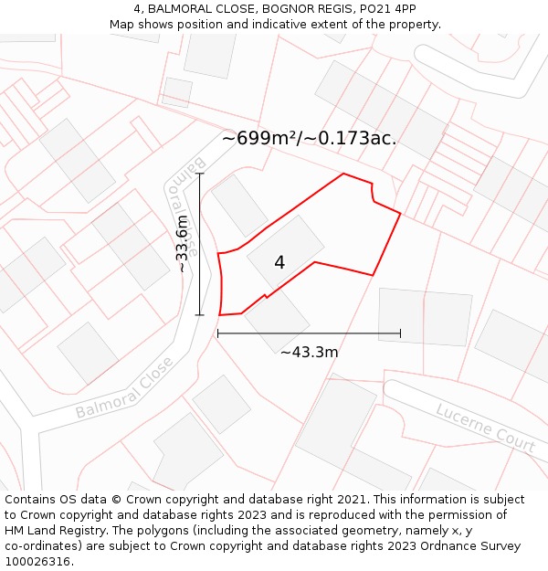 4, BALMORAL CLOSE, BOGNOR REGIS, PO21 4PP: Plot and title map