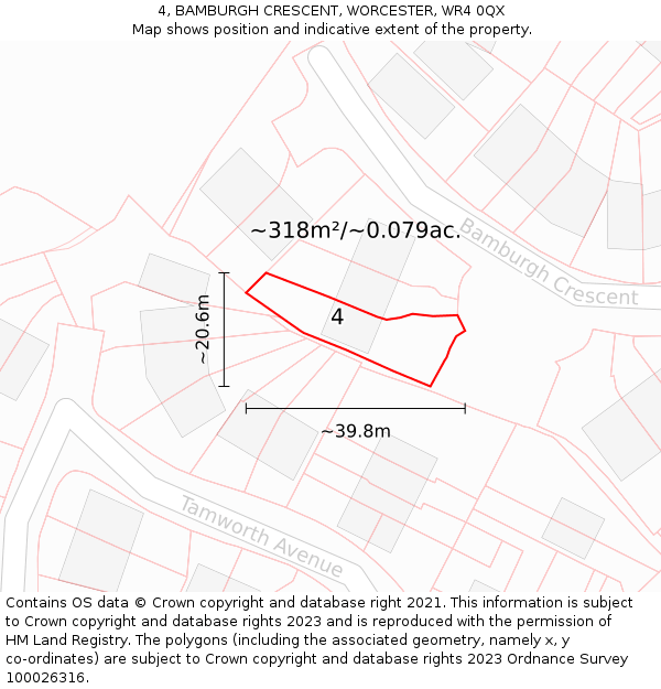 4, BAMBURGH CRESCENT, WORCESTER, WR4 0QX: Plot and title map