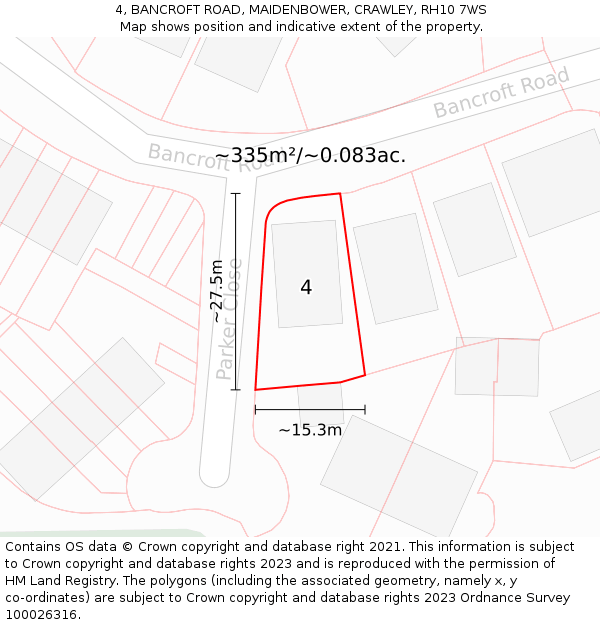 4, BANCROFT ROAD, MAIDENBOWER, CRAWLEY, RH10 7WS: Plot and title map