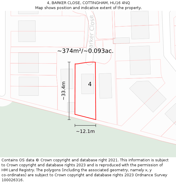 4, BARKER CLOSE, COTTINGHAM, HU16 4NQ: Plot and title map